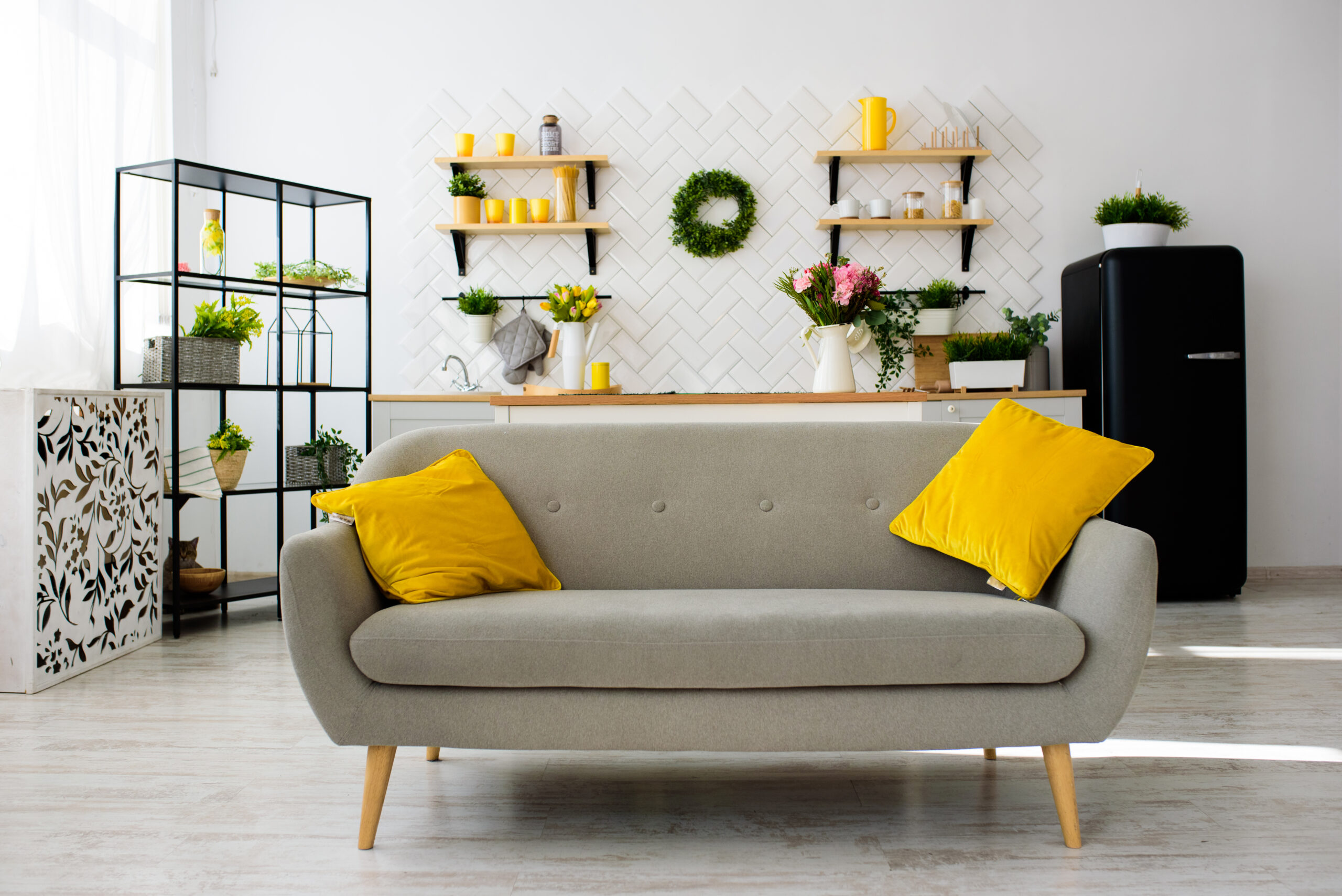 Spacious modern scandinavian loft kitchen with white tiles. bright room. modern interior.